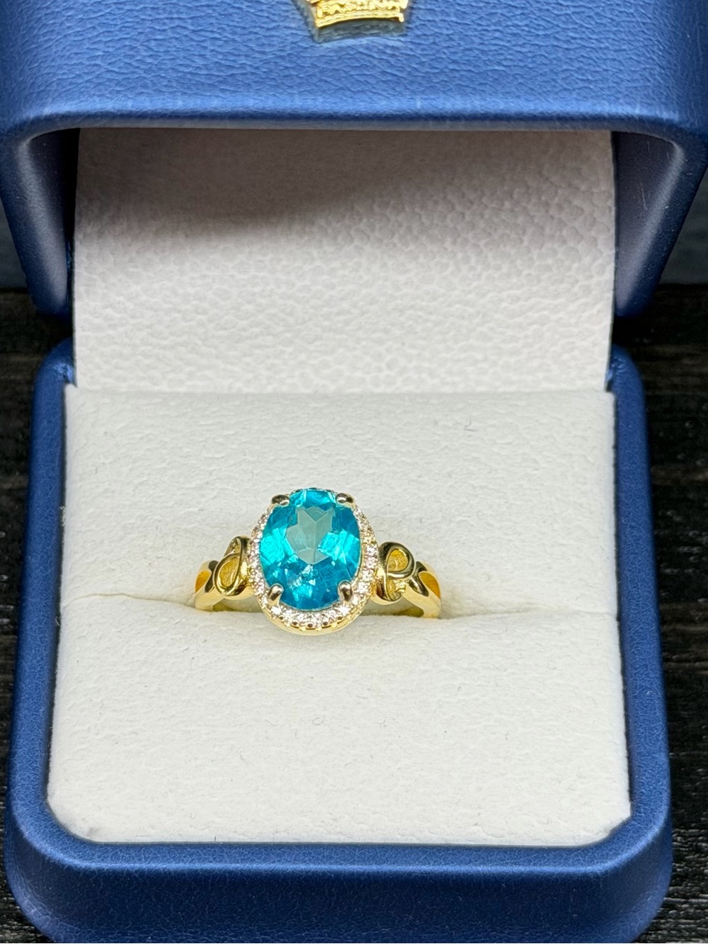 Natural Paraiba Blue Topaz 3.20CT Halo 18K Gold over 925 Sterling Ring Size 6.75